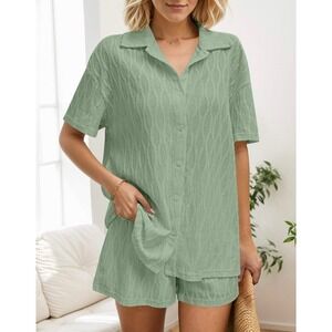 Women's Textured Button Down Shirt & Shorts Set Lounge Set Green XL